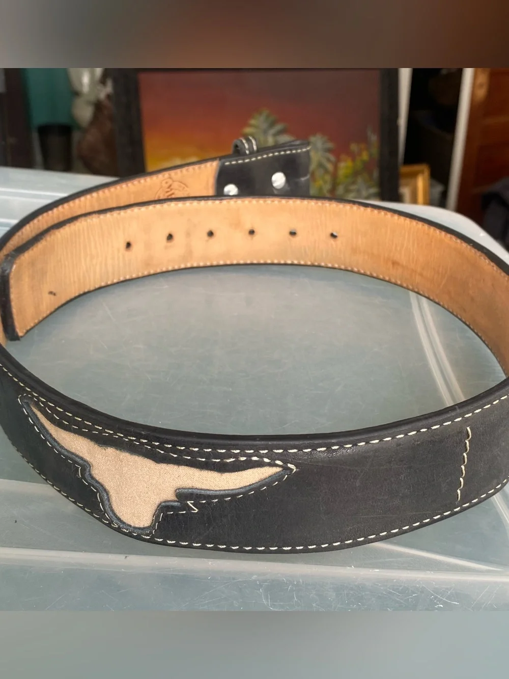 Longhorn laser-cut inlay  Hechoen Mexico Western Belt ~ Black Men’s Size 34